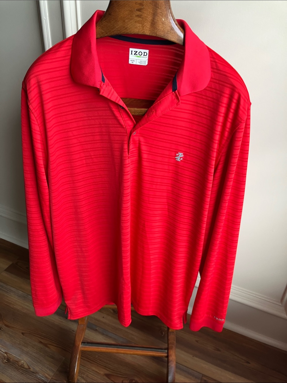 IZOD Men's Red Long-Sleeve Polo with Subtle Stripe Texture
